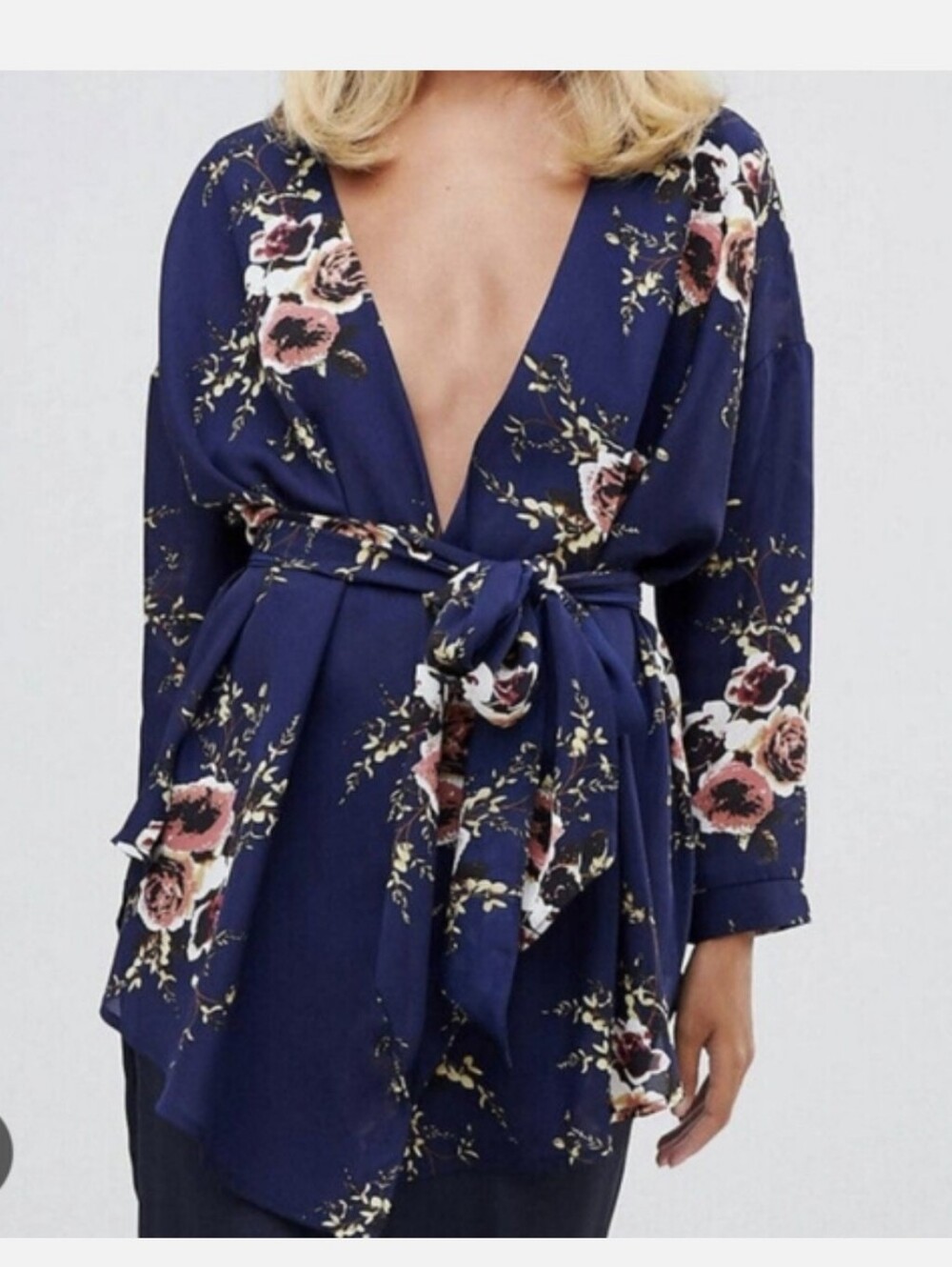 Pretty Little Thing Navy Floral Wrap Blouse with Tie Waist